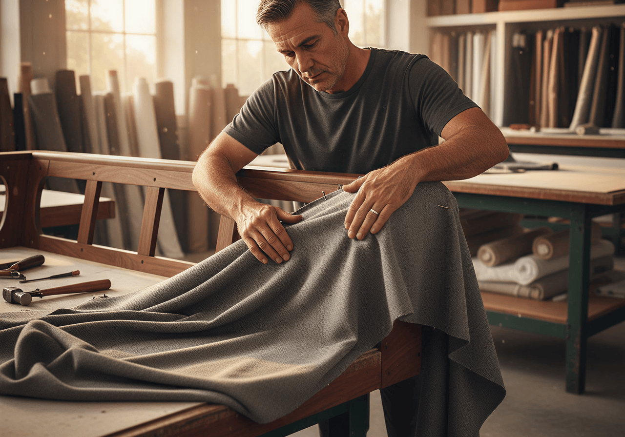 Craftsman upholstering a chair with tan leather in a workshop